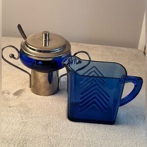 Cobalt Blue and Silver Cream and Sugar Bowl W/ Pitcher Set